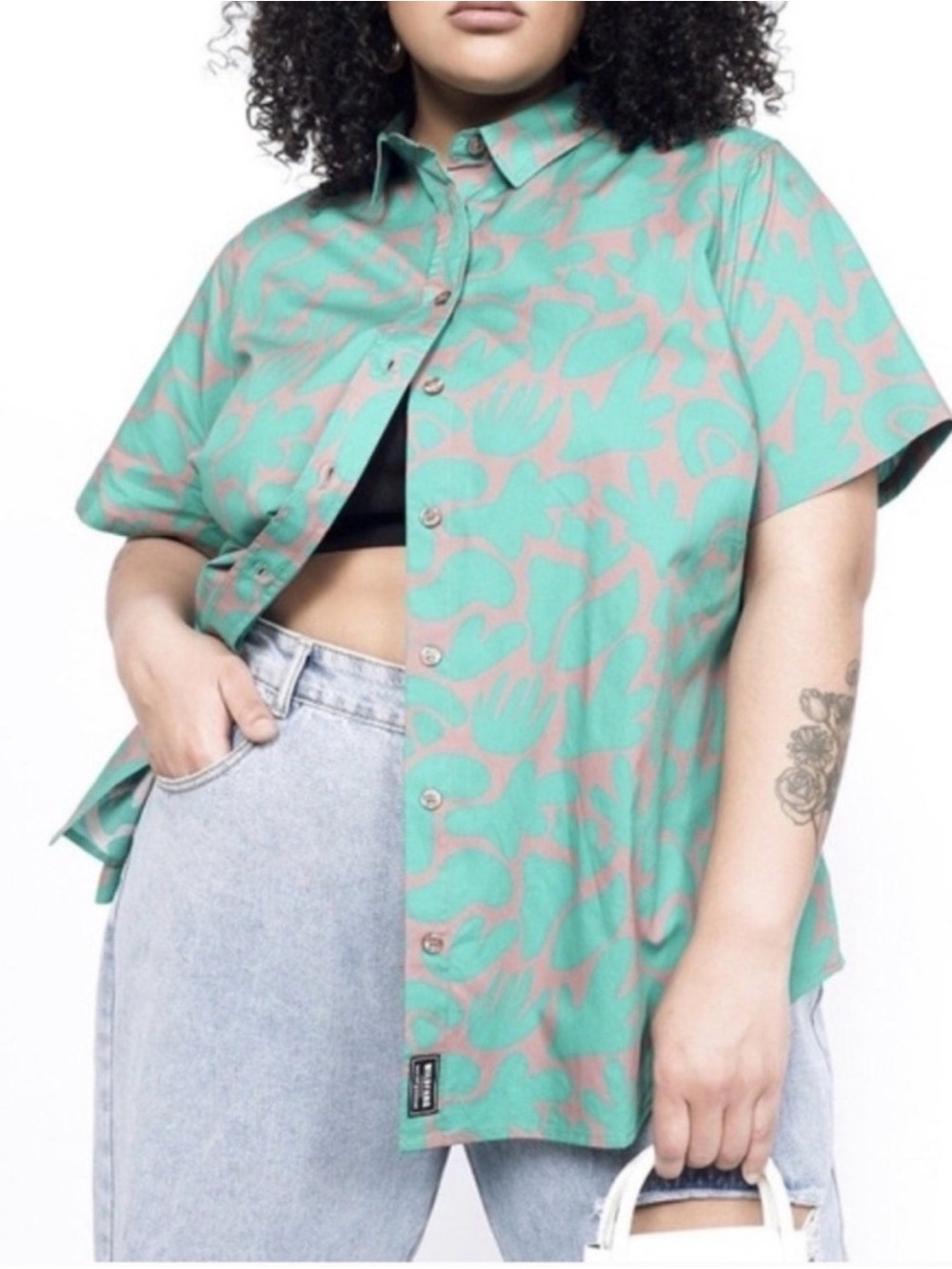 Wildfang The Essential Button-Up Shirt Womens Green Pink Abstract - Picture 2 of 7